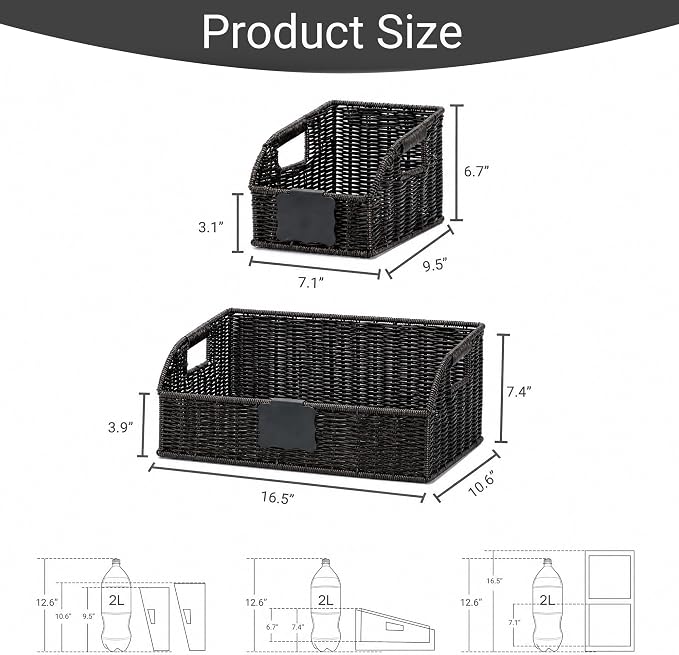Pantry Organizers, Handwoven Large Wicker Baskets for Shelves, Labeled Storage Baskets for Organizing with Handles - Waterproof Plastic Storage Bins, Boho Decorative, 3Pack, Black - Image 3