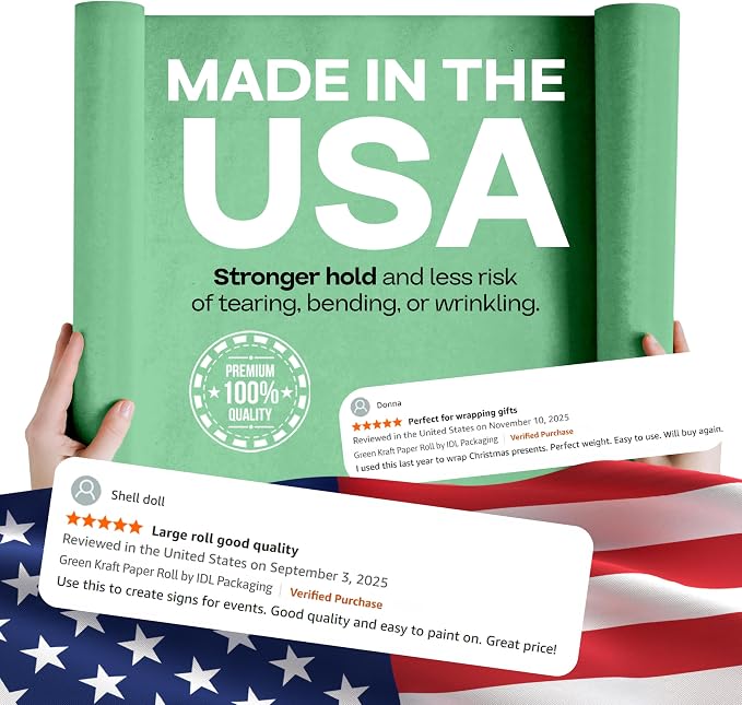 18" x 1200" (100 ft) Green Kraft Paper Roll, Pack of 4 - USA-Made Quality Craft Paper for Gift Wrapping, Kids' Arts & Crafts, School Projects - 100% Recycled, 50 lb Natural Material by IDL Packaging - Image 3
