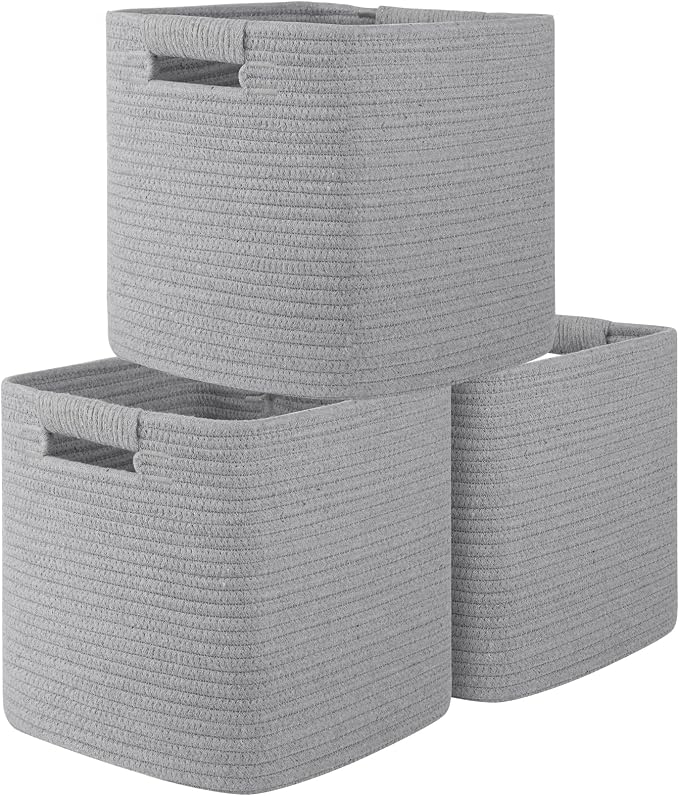 OIAHOMY Storage Cubes 11 Inch Bins-3-Pack, Cotton Rope Woven Baskets for Organizing, Square Storage Baskets for Shelves, Classroom, Kids Toy Bins, Closet, Baby Nursery-Grey by MasterofSpaceOptimization