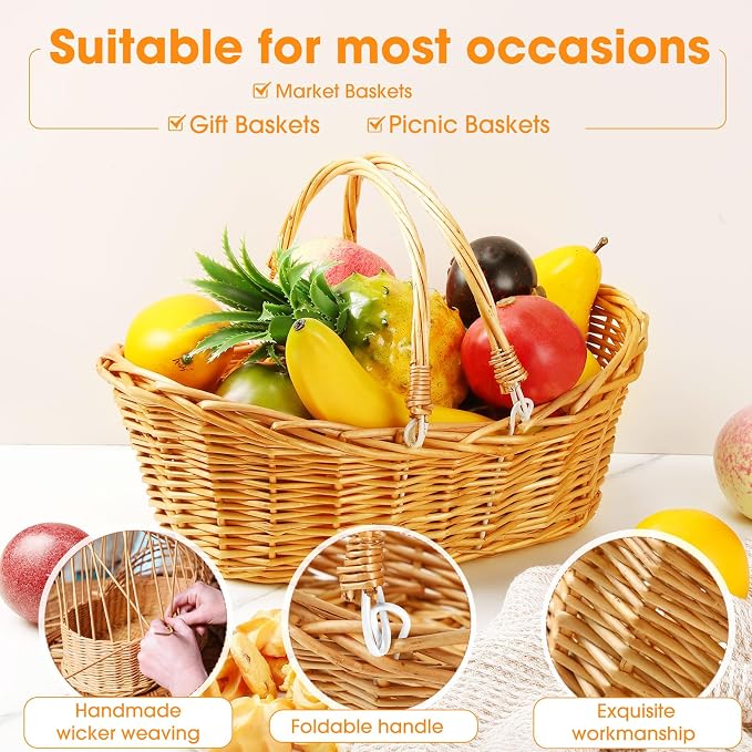 Wesiti 6 Pcs Wicker Picnic Basket with Handle, Hand Woven Harvest Basket Bulk, Wicker Flower Hoppet for Storage, Picnics, Easter, Organizing, Egg Gathering, Candy, Wedding(Light Brown) - Image 4
