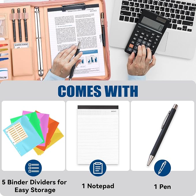 Padfolio Portfolio Binder with Handle, 3-Ring Folder Organizer, Vegan Leather Portfolio with Notepad Includes 5 Dividers with 10 Pockets for Documents Filesfor Documents Files and 1 Pen - Image 3