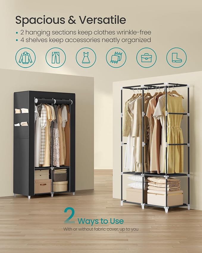 SONGMICS Portable Closet with Cover, 2 Hanging Rods and Shelves | Wardrobe Closet Organizer, 4 Side Pockets, 33.9 x 17.7 x 65.7 Inches, Black, RYLAN Collection URYG091B01 - Image 4