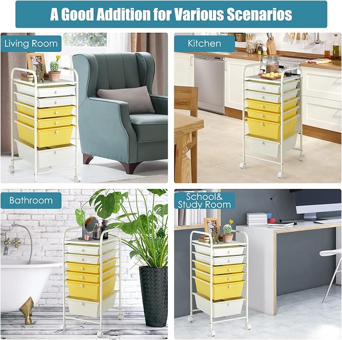 Giantex 6 Storage Drawer Cart Rolling Organizer Cart for Tools Scrapbook Paper Home Office School Multipurpose Mobile Utility Cart (Beige & Yellow) - Image 7