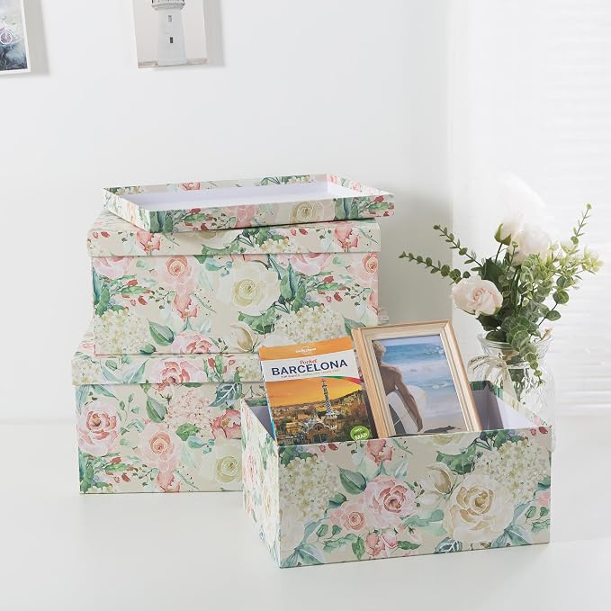 Soul & Lane - Blooming Rose Decorative Storage Boxes with Lids, Set of 3 | Large Nesting Cardboard Keepsake Boxes for Photos and Memories, Floral Photo Storage Containers for Home Decor - Image 6