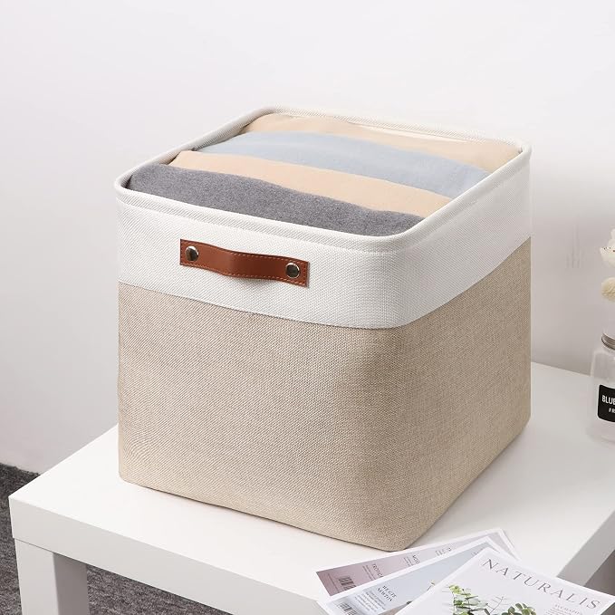 Temary Cube Storage Bins 13x13 Fabric Storage Cubes Baskets Set Of 4 Cloth Baskets for Shelf, Large Bin Empty Basket for Organizing, Shelf Basket (White&Khaki) - Image 5