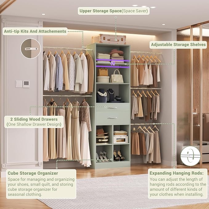 Besiost Closet System, 4-8 FT Closet Organizer Tower with 2 Wooden Drawers and Shelves, Can Fit 60 to 96 inch Walk-in Closet System with 5 Hang Rods, Built-in, Crab Green - Image 4