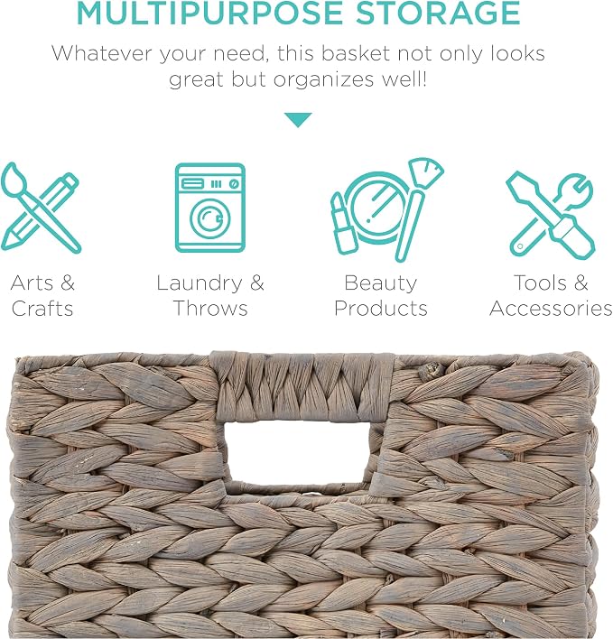 Best Choice Products 10.5x10.5in Pack of 5 Cube Storage Baskets, Water Hyacinth Multipurpose Collapsible Organizers, Handwoven Laundry Totes for Laundry, Living Room, Kids Room & Nursery - Gray - Image 5