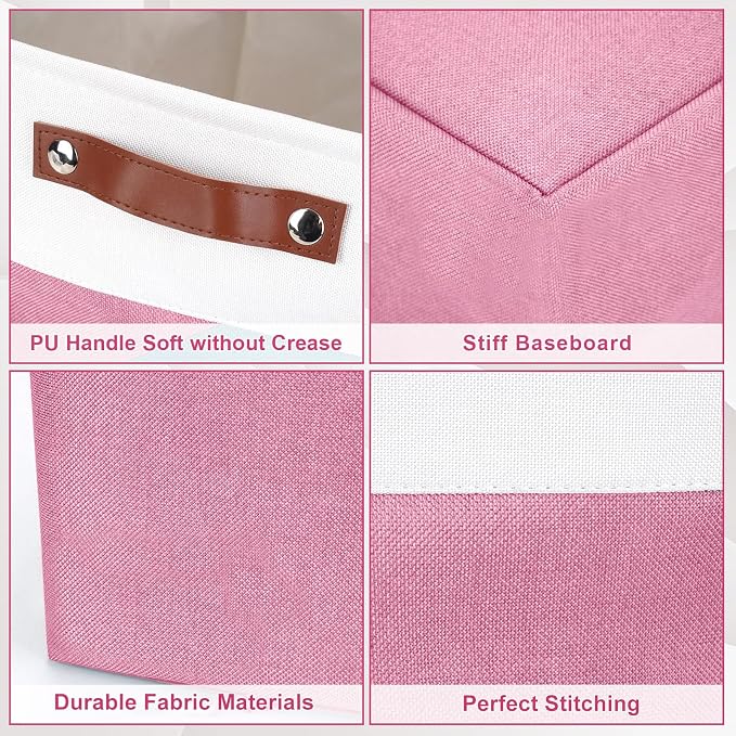 Collapsible Fabric Storage Cubes 11x11 Cube Storage Bins, 4 Pack Closet Baskets Box with Handles for Organizing, Shelf, Toys, Clothes, Home, Office, Nursery (Pink&White) - Image 6