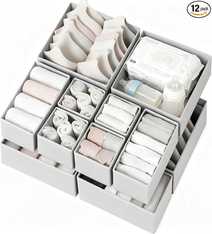 Drawer Organizer Clothes 12 Pack, Dresser Organizer for Nursery Bedroom Closet Organization and Storage - Baby Clothes Organizer Bins - Drawer Divider for Sock Underwear Bra Ties (Grey) by Criusia