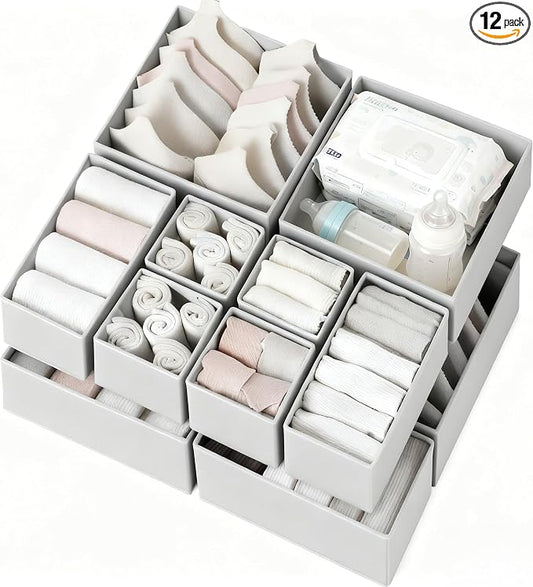 Drawer Organizer Clothes 12 Pack, Dresser Organizer for Nursery Bedroom Closet Organization and Storage - Baby Clothes Organizer Bins - Drawer Divider for Sock Underwear Bra Ties (Grey) by Criusia