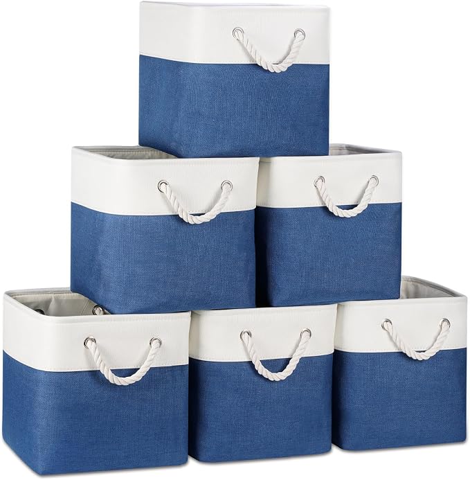 Temary Cube Storage Baskets 11x11, Set of 6 Decorative Fabric Bins with Metal Frame Around the Top Rim, Sturdy Collapsible Organizers for Closet, Office (White & Dark Blue) by TEMARY
