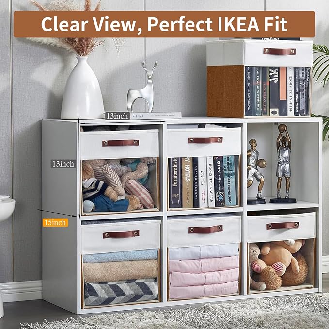 Storage Cubes, 4 Pack Linen Foldable Storage Bins with Clear Window and 2 Handles, 13x15x13 Storage Cube Bins for Shelf Closet, Kallax, Clothes, Books - (Brown / Off-White) - Image 2