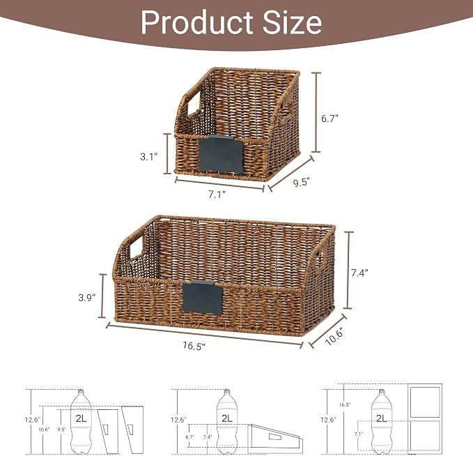 Pantry Organizers, Handwoven Large Wicker Baskets for Shelves, Labeled Storage Baskets for Organizing with Handles - Waterproof Plastic Storage Bins, Boho Decorative, 3Pack, Brown - Image 3