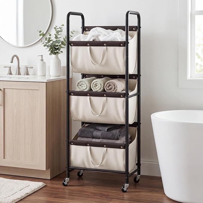 GRANNY SAYS 3 Tiered Laundry Sorter, Narrow Hamper Cart with Wheels | Sturdy 3 Section Laundry Basket with Wheels, Vertical Beige Hamper Cart for Bedroom, Bathroom, Apartment - Image 7