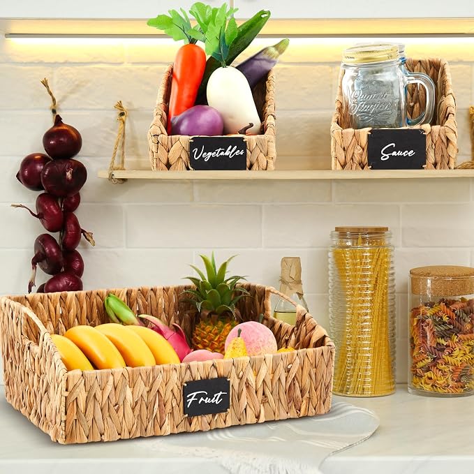 4 Pcs Water Hyacinth Storage Basket Set Boho Wicker Rattan Pantry Basket with Chalkboard Label Handles Woven Container Kitchen Laundry Large Small for Shelves Food Home Bathroom Decor - Image 5
