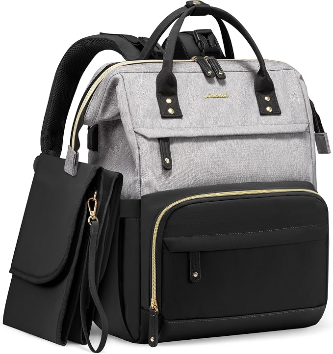 LOVEVOOK Diaper Bag Backpack, Baby Bag with Changing Station, Large Diaper Backpack for Mom Dads, Waterproof Leather Mommy Bag for Boy and Girl, Travel Essential Baby Shower, Black-Grey by LOVEVOOK