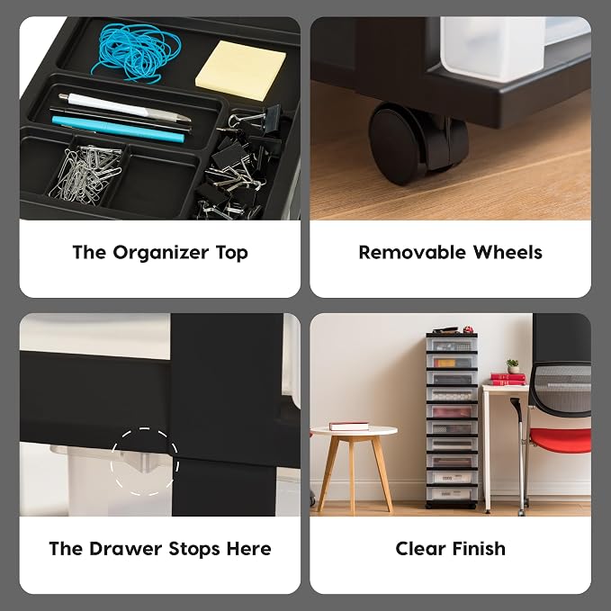 IRIS USA 10-Drawer Rolling Storage Cart, Black/Clear | Keep classroom supplies, teacher essentials, craft materials, and learning tools organized with easy-access drawers. - Image 5