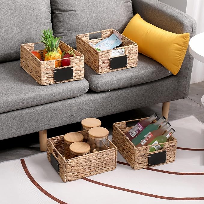 Woven Storage Baskets with Chalk Labels, 10.8x9x4.9 Inch, 4 Pack | Foldable Rectangular Water Hyacinth Organizers with Built-in Handles for Shelves, Pantry, Closet - Image 2