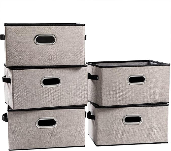 Large Fodable Storage Bins for Closet [5-pack] Decorative Linen Fabric Storage Bins Cubes with Leather/Metal Handles for Shelves Bedroom Living Room Light Grey (14.9x9.8x8.3 Inch) by Prandom