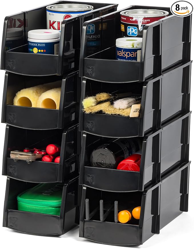 IRIS USA 8-Pack, Large Stackable Storage Bins, Black | Organize small parts, hardware, craft supplies, pantry items, and household essentials with open-front access, stackable bins by IRISUSA