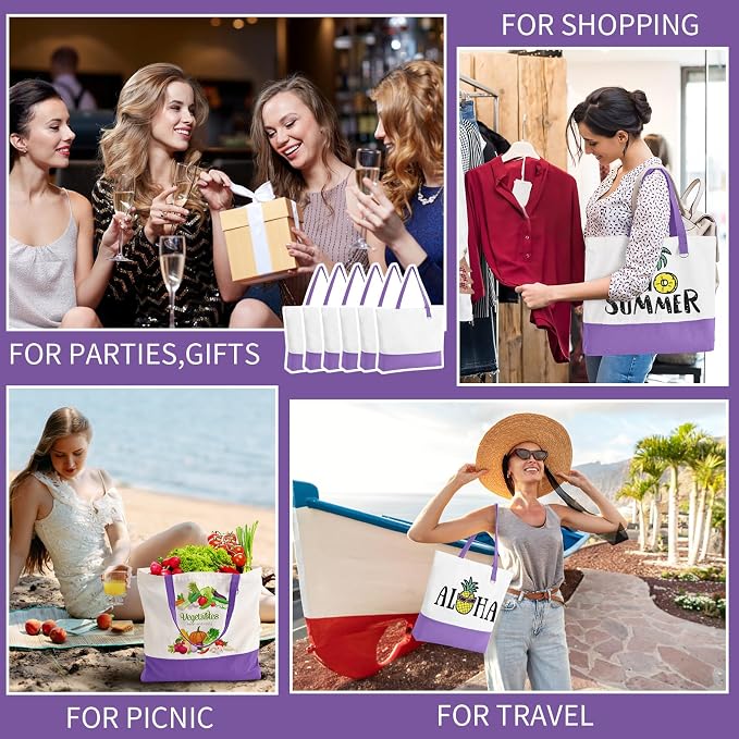 1 Pack Canvas Tote Bag with Zipper, Large Blank Grocery Tote, Purple | Reusable, washable, inner pocket, flat bottom, sturdy handle, for sublimation DIY/transfer, travel/beach/gift/Christmas craft - Image 7