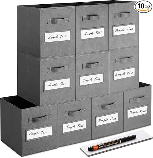 11 Inch Storage Cube,Storage bin (Set of 10) Foldable Fabric Cube Storage Bins with 10 Labels Window Cards & a Pen,Baskets Containers for Shelves,Closet Organizers Box for Home & Office,Gray by Artsdi