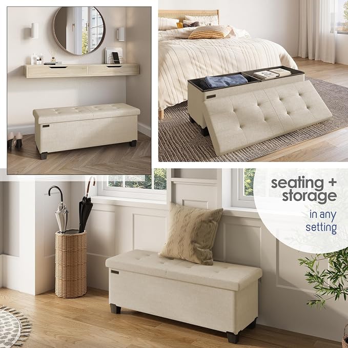 Storage Ottoman Bench with Bins, 43-in Storage Bench for Bedroom End of Bed, Folding Foot Rest Ottoman for Living Room Max 660lbs, Fabric Ottomans, Beige - Image 4