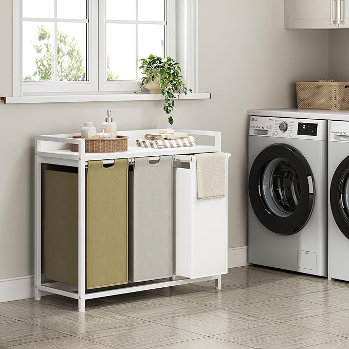 Herture Laundry Hampers with Shelf, Laundry Basket 3 Section, Laundry Sorter with Pull-Out Removable Large 3 Color Bags and Movable Wheels, Metal Frame, 3 x 15.87 Gallons (60L), White PF04XLE - Image 2