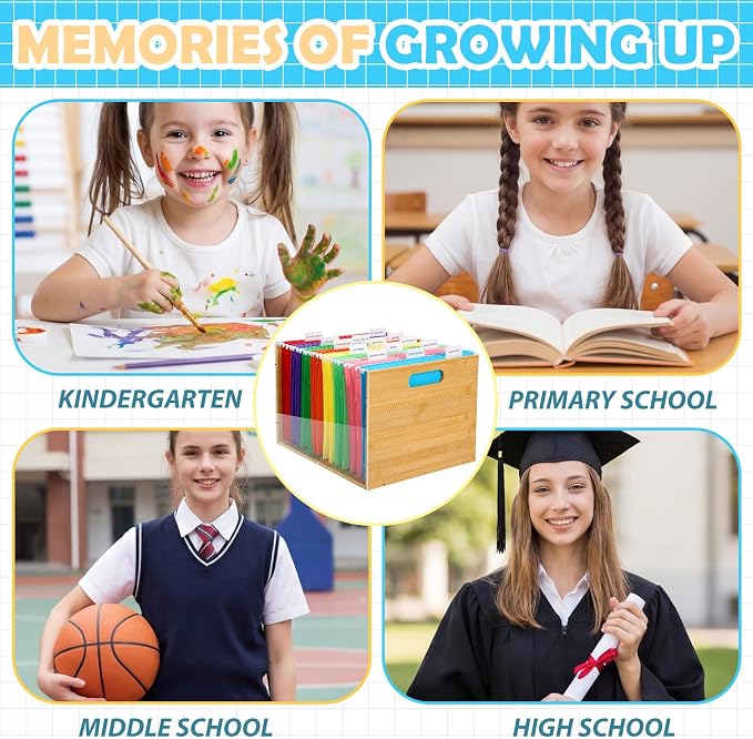 School Memory Organizer Box Kit K-12 School Year Memory Keepsake with 24 Different Memorys Questionnaire 24 Hanging File Folder 2 Label for Kid Storage Picture File Keeper(Rustic,Wooden,Acrylic) - Image 6