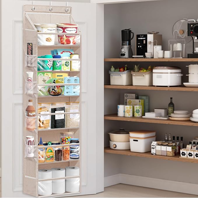 Over Door Organizer with 6 Extra Large Pockets 12 Side Pockets, Sturdy Closet Storage Rack, Hanging Storage Organizer with Clear Window for Shoes, Diaper, Bedroom, Bathroom, Beige, 6-Pack - Image 3