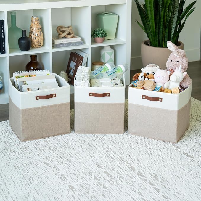 OrganiHaus 13x13 Cube Storage Bins, Set of 4 - Fabric Storage Cubes | Sturdy, holds its shape; odor-free; fits IKEA Kallax and Expedit; vegan leather handles - Image 4