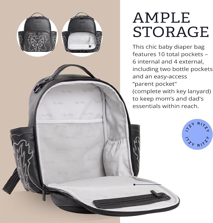 Itzy Ritzy Mini Diaper Bag Backpack - 10 Pockets w/Changing Pad (Outlaw) | Chic Mini Plus Diaper Bag with 2 Insulated Bottle Pockets, Key Lanyard, Wipeable Changing Pad, Grab-Top Handle & Rubber Feet - Image 4