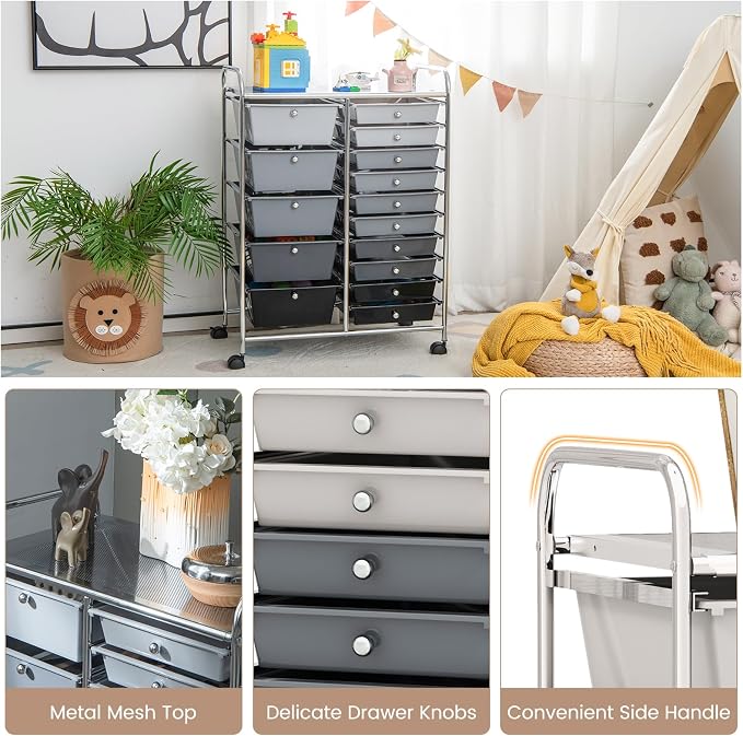 RELAX4LIFE 15-Drawer Storage Drawer Cart - Mobile Rolling Utility Cart with Wheels, Steel Frame, Craft Organizer for Classroom Organization and Storage, School, Office, Home, Gradient Black - Image 6