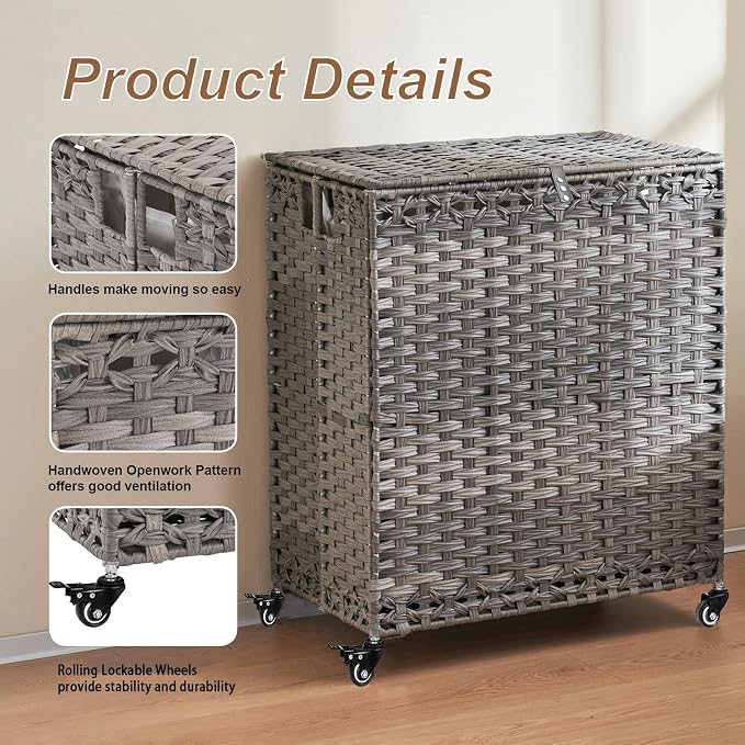 Laundry Hamper with Wheels&Lid, 50.2 Gallons(190L) Rolling Laundry Basket with Wheels, 3-Section Laundry Hamper, Handwoven Rattan Clothes Hamper with 6 Removable Liner& 3 Mesh Laundry Bags, Grey - Image 7