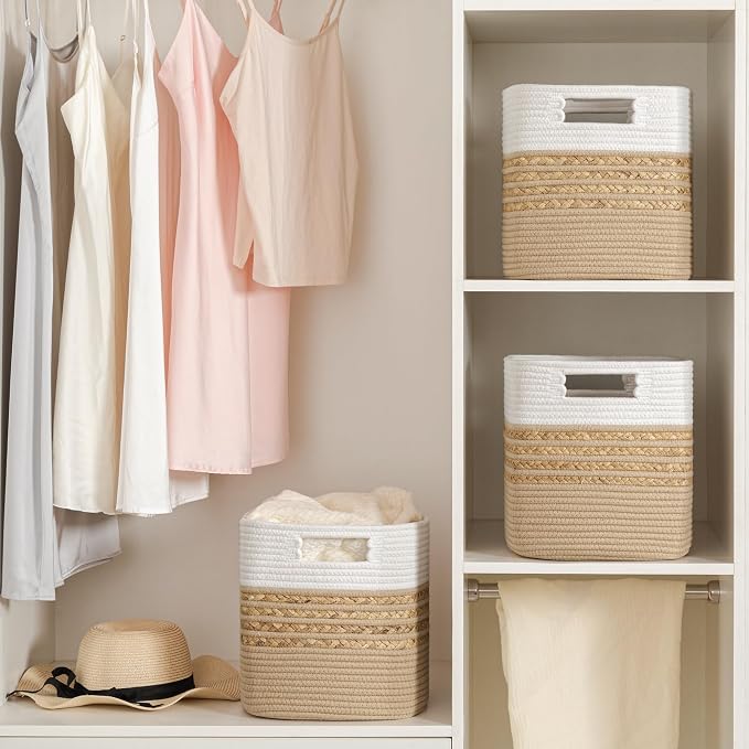UBBCARE Set of 3 Storage Cubes 11 X 10.5 X 10.5 in, Water Hyacinth Storage Bins for shelves, Toys, Book, Storage Baskets with Handles, Cotton Rope Woven Baskets for Organizing, Brown - Image 6