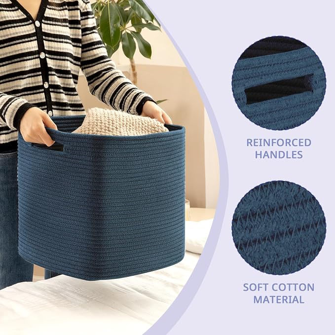OIAHOMY 2 PACK Cube Storage Bin 13 Inch Collapsible Storage Cube Blue | Cube Storage Organizer Storage Bins for Shelves Baskets for Organizing Woven Rope Storage Baskets - Image 3
