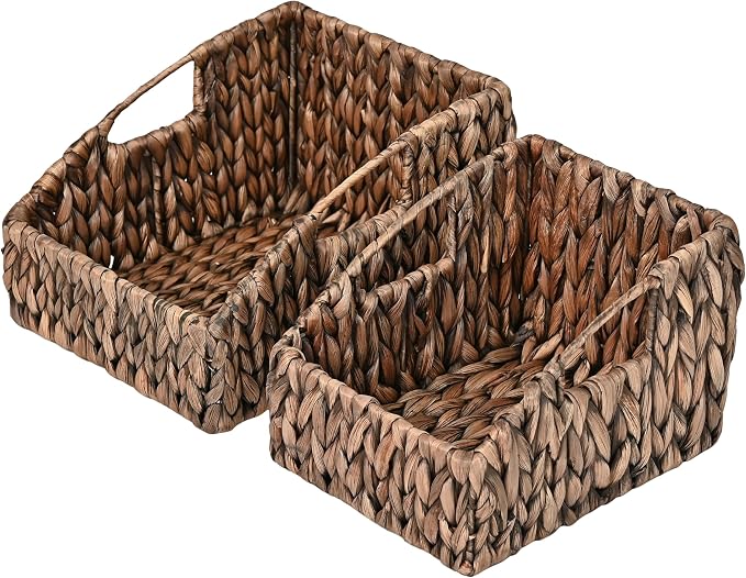 happimess Havanah 2-Piece Slanted Pantry Baskets Hyacinth 11", Brown | Southwestern Style, Hand-Woven Design, Nesting Storage, Built-In Handles, Iron Frame, Decorative Containers by Happimess