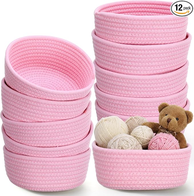 12 Pack Small Storage Basket Cute Natural Cotton Rope Woven Basket Tiny Boho Decorative Toy Storage Bin Gift Baskets for Home Organizing, Closet, Shelf, Nursery, Bathroom(Round,Pink) by Yinkin