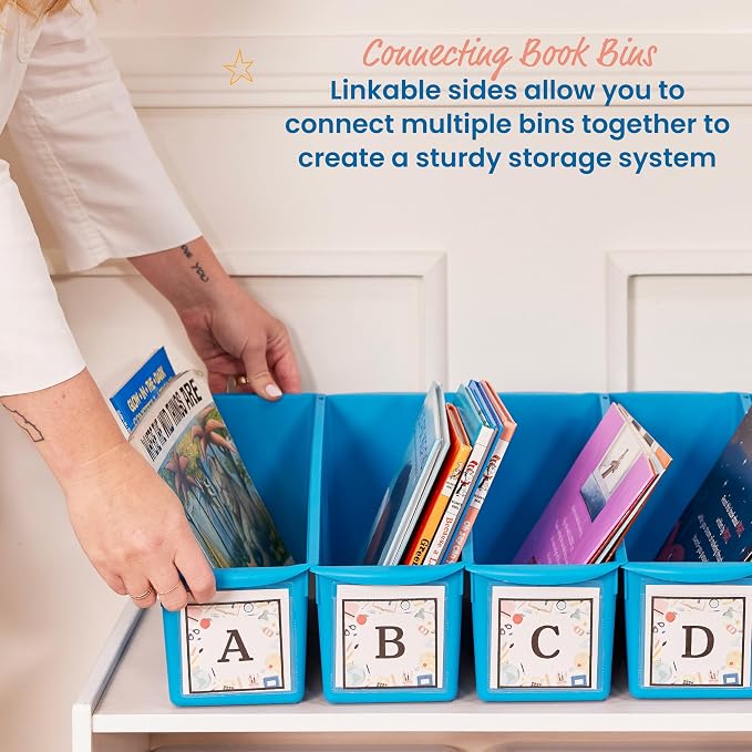 ECR4Kids Linking Plastic Storage Book Bin, Multipurpose Organization, Neon Blue, 10-Piece | Durable plastic with built-in handles, interlocking, nestable, ideal for books, magazines, and files in a classroom or office - Image 3