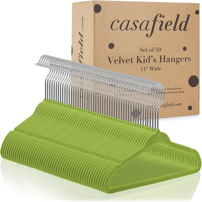 Casafield 50 Velvet Baby Hangers - 11" Size for Infant & Toddler Clothes - Lime Green - Image 4