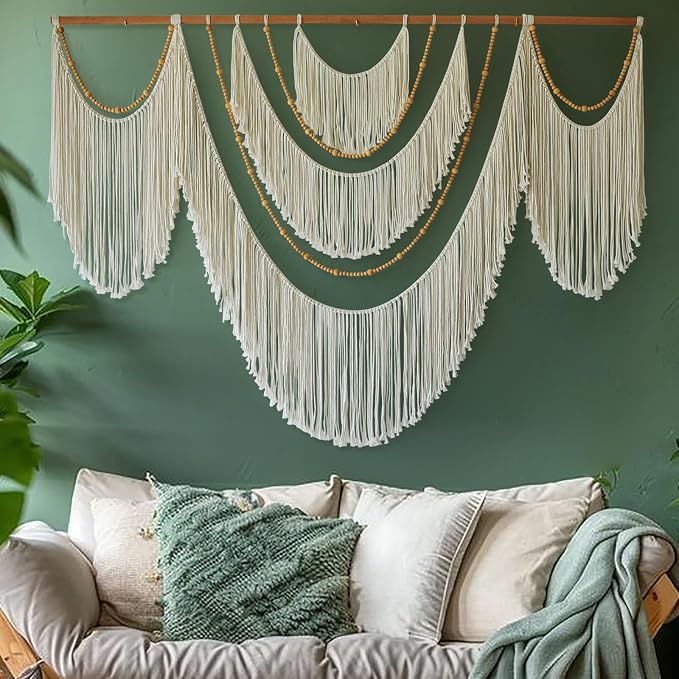 Macrame Wall Hanging Boho Yarn Art Tassel Beaded Handmade Decor 57"W*41"L | Fiber Wall Hanging, Large Wall Decor, Handmade Textile Art, Cotton Rope Craft, Beaded Tassel Accent, for Living Room Bedroom - Image 3