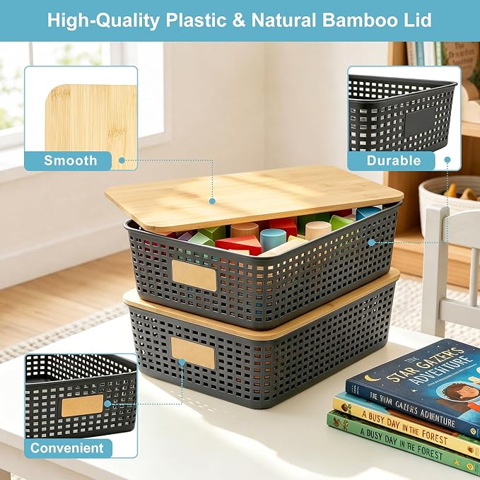 4 Pack Plastic Storage Bins with Bamboo Lids, 6.2qt Stackable Storage Organizer Box with Lable for Pantry Shelves Drawers Desktop Office, 12"L x 8.3"W x 3.5"H, Gray - Image 2
