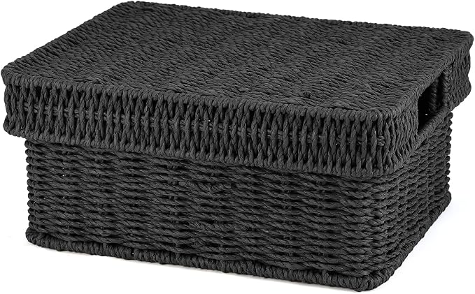 Wicker Storage Basket with Lid for Shelves,12×10×5.5in, Black | One rectangular wicker basket with lid for decorative shelf storage; its removable lid lifts off and flips into a tray. by GANLUX
