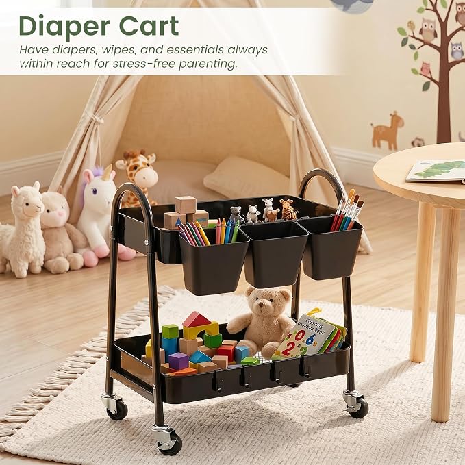 danpinera 2-Tier Rolling Cart, Utility Cart Mobile Metal Rolling Storage Cart with Lockable Wheels & Hanging Cups & Hooks for Kitchen, Bathroom, Office, Workshop, Purple - Image 5