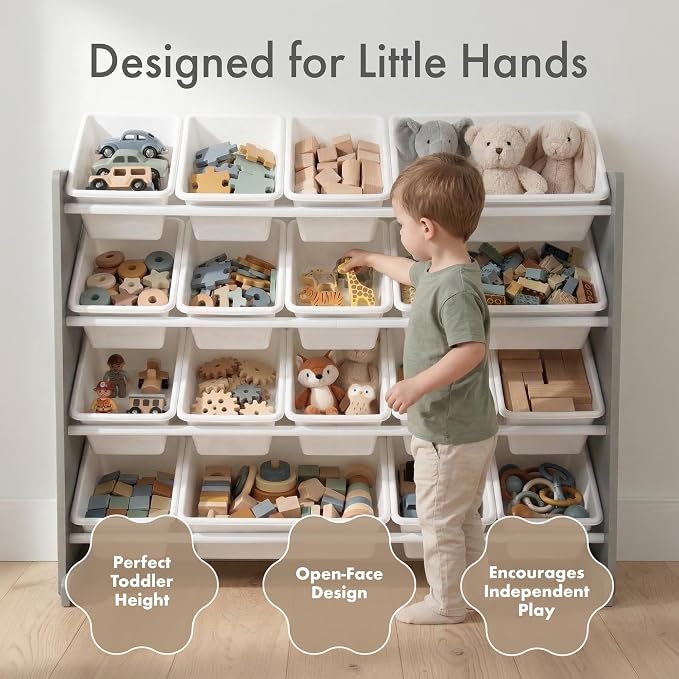 Humble Crew Kids Toy Organizer with 16 Bins, 4 Tier Storage for Playroom | Sturdy wood and steel toddler shelf, removable BPA-free containers, wall anchor anti-tip safety kit for bedroom or classroom - Image 3