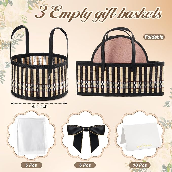Weysat 6 Set Baskets for Gifts Empty Bulk, Large Woven Bamboo Gift Basket Kit with Handles, Bow, Wrap Bag to Fill for Raffle Thanksgiving Day Wedding Birthdays Party Wrapping (Black) - Image 2