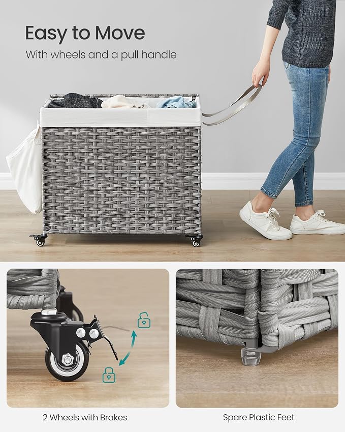 SONGMICS Laundry Hamper with Lid, 42.3 Gallons (160 L), Rolling Laundry Basket with Wheels, 3-Section Synthetic Rattan, Removable Liner, Bedroom, 29.9 x 13 x 26 Inches, Gray ULCB365G01 - Image 4