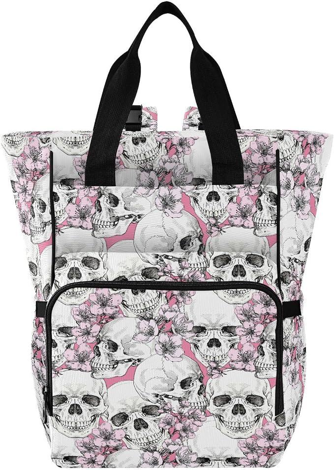 MNSRUU Diaper Bag Pink Floral Skull Diaper Bag Backpack Multifunction Travel Diaper Bag Tote Large Capacity Diaper Changing Backpacks for Moms Dads by MNSRUU