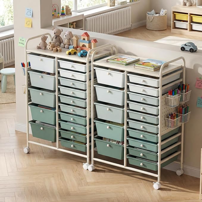 DREAMADE 15-Drawer Rolling Storage Cart, Craft Cart, Gradient Green | Mobile Utility Cart with Metal Pegboard Panels, Tabletop and Lockable Wheels for Classroom, Office, Studio and Playroom - Image 9
