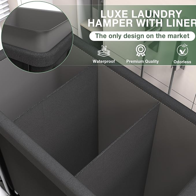 Laundry Basket with Lid,230L Rolling Laundry Hamper with Wheels,Black | Dirty Clothes Hamper with Metal Frame and Removable Bag Design, Suitable for Laundry Room, Bedroom (3 Section) - Image 3